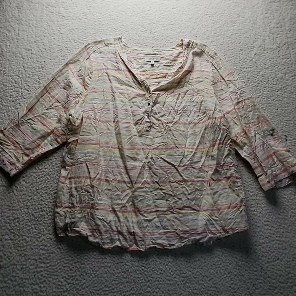 Coral Bay Blouse Womens Plus 3X Multicolor Henley 3/4 Roll Tab Stripe Tunic Top